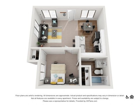 Floor plan for 1 bed, 1 bath, 567 sqft